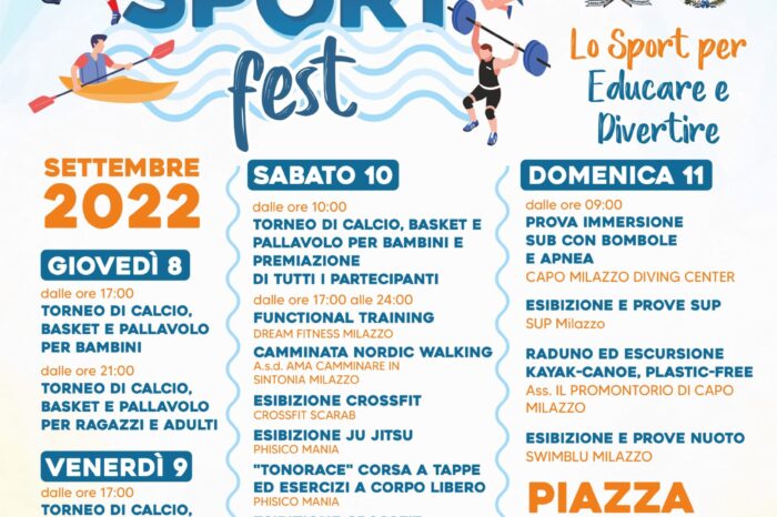 Milazzo. Tono Sport Fest. Si comincia giovedì 8 settembre
