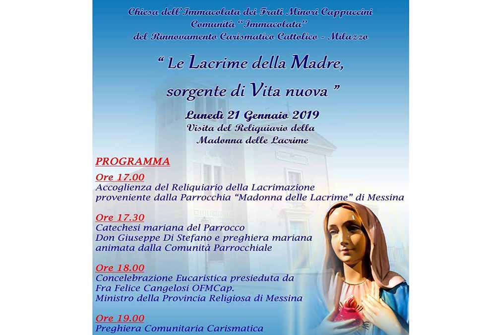 Milazzo. Lunedì 21 alla Chiesa dell'Immacolata arrivano le reliquie della Lacrimazione.