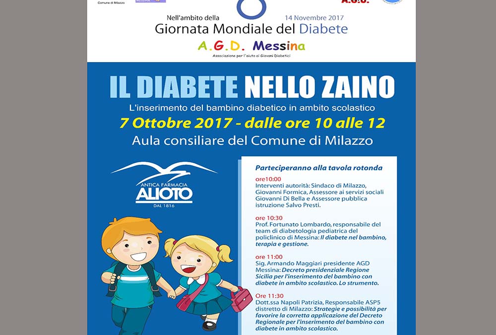 Milazzo. Sabato 7 ottobre giornata mondiale del Diabete. Al Comune la conferenza "Il Diabete nello zaino".