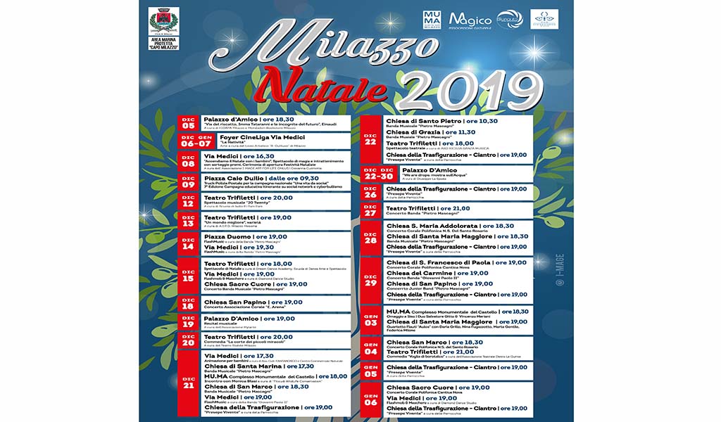 Milazzo. Il calendario delle iniziative del Natale 2019. In centro alberi di Ulivo.